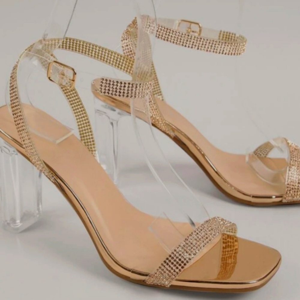 Gold accented clear block heels!